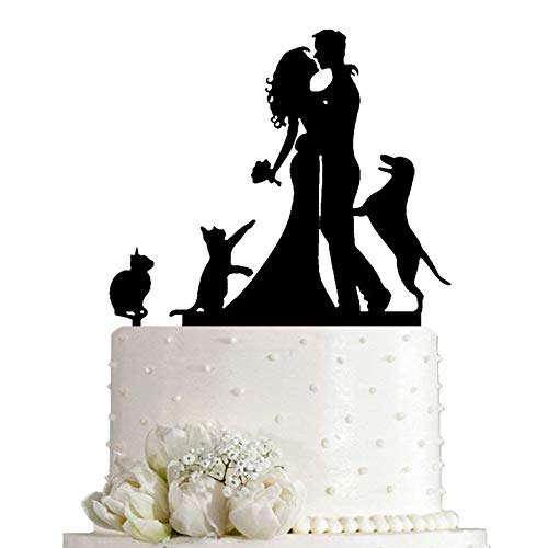 Tortenaufsatz für Hochzeitstorte, Motiv Küssende Braut und Bräutigam mit Katze und Hund, Acryl, Schwarz Tortenaufsatz für Hochzeitstorte, Motiv Küssende Braut und Bräutigam mit Katze und Hund, Acryl, Schwarz von JIEEIN