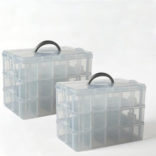 JIEHIN 2 Stück 3 Ebenen Sortierbox, Stapelbare Kunststoff Aufbewahrungsbox mit Tragegriff und verstellbar Fächern, 30 Fächer Sortierboxen für Kleinteile, Handarbeiten, Perlen, Schmuck, Nähzubehör von JIEHIN