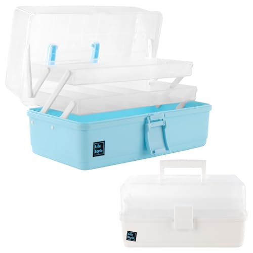 JIEHIN 2 Stück 3 Regal Mehrzweck Aufbewahrungsbox mit Griff, 33x18x17cm Bastelbox Aufbewahrung Bastelkoffer Leer Sortierbox, Mehrzweck Organizer Box für Basteln, Nähzubehör, Kleinteile von JIEHIN