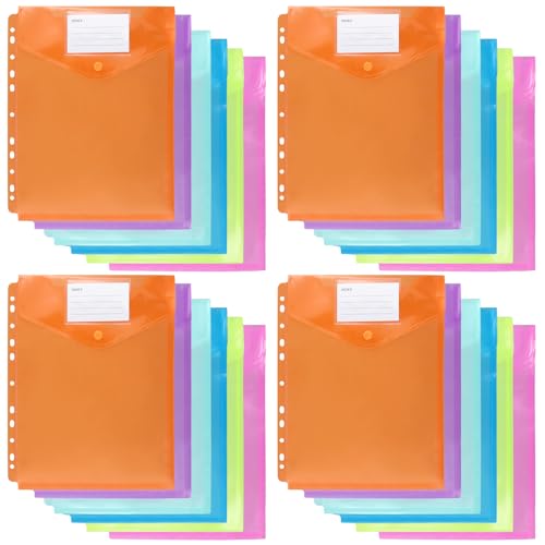 JIEHIN 24 Stück Dokumententasche A4 zum Abheften, 6 Farben A4 Dokumentenmappen mit Druckknopf, Kunststoff Sammelmappe Bunt für Dokumente Organisieren Binderlöcher Etikettentasche von JIEHIN