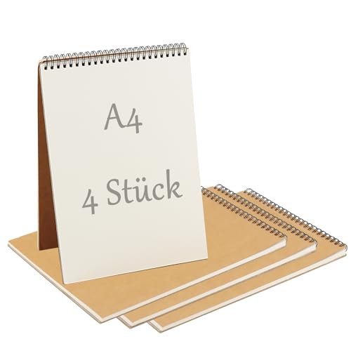 JIEHIN 4 Stück A4 Skizzenbuch Spiralbindung, 60 Seiten 160gsm Skizzenblock A4 Blanko, Kraft Hardcover Zeichenblock Notizblock Spiralblock für Zeichnen Skizzen Notizen Graffiti von JIEHIN