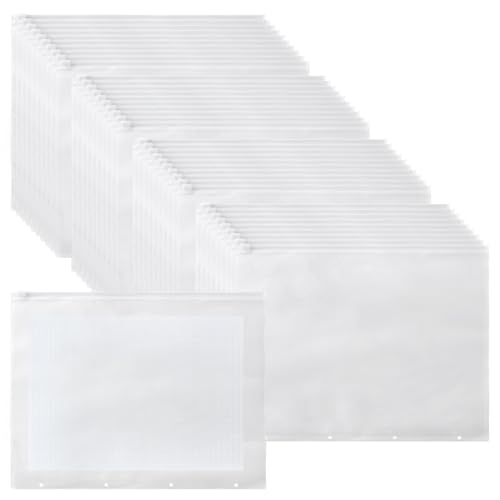 JIEHIN 40 Stück Dokumententasche A4 Prospekthüllen Dokumentenhülle, A4 Binder Taschen mit 4 Binderlöcher und Reißverschluss, Loseblattbeutel Halbdurchsichtig für Dokumenten Organisieren von JIEHIN