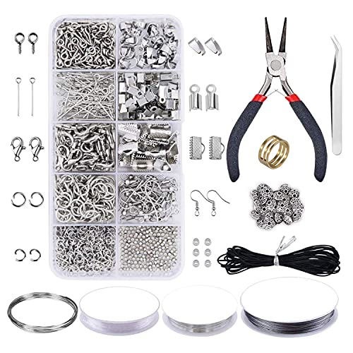 JIELUO Schmuck-Bastelzubehör – Schmuck-Werkzeug-Set mit Schmuckzange, Perlendraht, offener Biegering, Karabinerverschlüsse, Halskette, Kordel, Bandenden, Schmuck von JIELUO