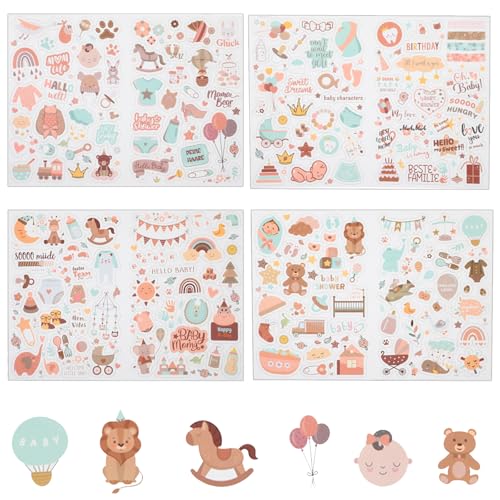 JIEYAO 204 Stück Sticker Babyalbum, 4 Blatt Baby Fotoalbum Sticker Kinder Fotoalbum Aufkleber für Mädchen und Junge DIY Baby Scrapbook Aufkleber für Fotoalbum Kalender Notizbuch Babyparty Deko von JIEYAO
