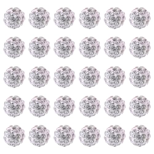 100 Stück 10 mm Strass-Perlen für Schmuckherstellung, glitzernde Diamantperlen, Discokugel-Perlen, Ton, Kristallperlen, Stiftperlen, runde Abstandshalter, Charms für Halskette, Armband, Weiß von JIHUOO