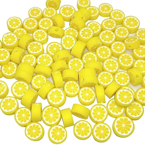 100 Stück Obst-Polymer-Ton-Perlen, Ton-Perlen, Charms, Obst-Thema, Abstandshalter, Schmuckherstellung, Zubehör für Halskette, Armband, Zitronengelb von JIHUOO
