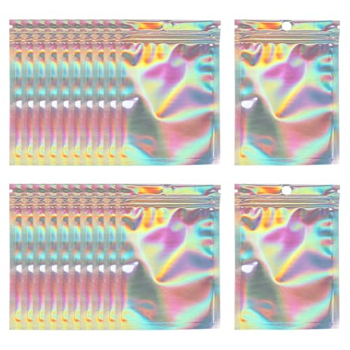 100 Stück holografische Druckverschlussbeutel, verschließbare Folienbeutel, Lebensmittelaufbewahrungsbeutel, Süßigkeiten, Snackbeutel, Schmuckverpackungen, geruchsdichte Beutel, Musterbeutel für von JIHUOO
