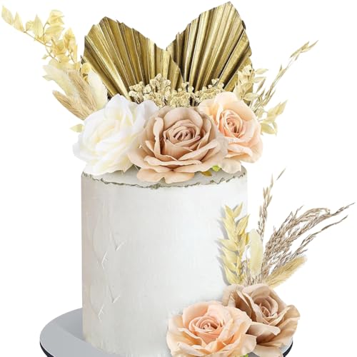 19 Stück Boho Hochzeit Kuchen Topper Blumen Dekorationen Vintage Künstliche Rose Blumen Palmblätter Kuchen Dekorieren Faux Blumen Getrocknetes Pampasgras Kuchen Dekor Bohemian Geburtstag Party von JIHUOO