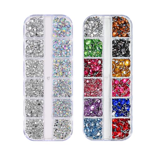 2 Boxen mit flacher Rückseite, runde Strasssteine, bunt, klare Diamanten, flache Rückseite, Haar-Körper, Edelsteine, Augen-Make-up, Kristalle, Nagelkunst-Juwelen mit Wachspicker, Bleistift und von JIHUOO