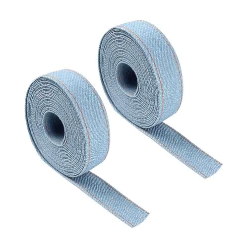 2 Rollen 1 cm x 5,5 Yards Denim Geschenkband Rustikales Brautstraußband Jeans-Material Stoffbänder Kuchen Box Dekorieren Bänder Dekorative Kleidung Nähen Dekorationen Hellblau von JIHUOO
