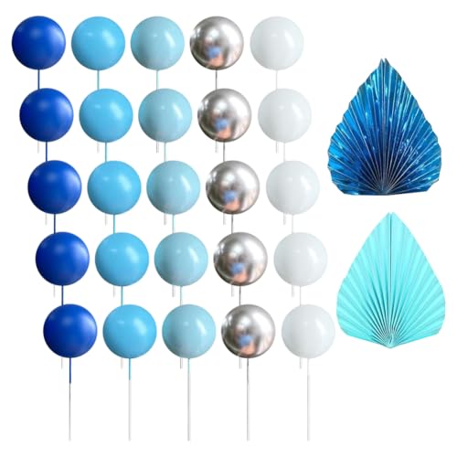 25 Stück blaue, silberne und weiße Kuchenaufsätze, runde Schaumstoffkugeln, Kuchendekoration, Ballon, Cupcake-Topper, Luftballons mit 4 Palmblatt-Fächern, Kuchendekorationen 25 Stück blaue, silberne und weiße Kuchenaufsätze, runde Schaumstoffkugeln, Kuchendekoration, Ballon, Cupcake-Topper, Luftballons mit 4 Palmblatt-Fächern, Kuchendekorationen von JIHUOO