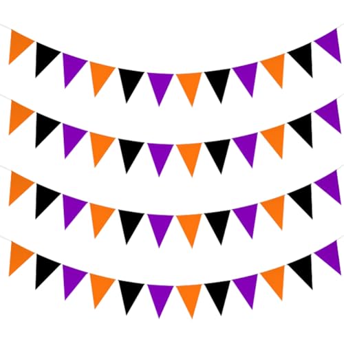 4 Stück Halloween Stoff Wimpelkette Banner Wimpel Banner Flagge Girlande Dreieck Flagge Wimpelkette Girlande Luftschlangen Party Banner hängende Dekorationen Orange Schwarz Lila von JIHUOO