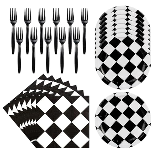 60 Pcs Racing Car Party Geschirr-Set Schwarz und Weiß karierte Pappteller und Servietten mit Gabeln Sport Geburtstag Geschirr Set Rennwagen Motto Party Dekorationen Supplies für 20 Gäste von JIHUOO