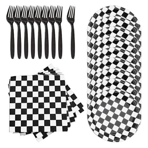 60 Stück schwarz-weiß karierte Flaggen-Partyzubehör, einschließlich 20 Stück 17,8 cm Rennwagen-Geburtstagsteller, 20 Stück karierte Papierservietten und 20 Stück schwarze Kunststoffgabeln 60 Stück schwarz-weiß karierte Flaggen-Partyzubehör, einschließlich 20 Stück 17,8 cm Rennwagen-Geburtstagsteller, 20 Stück karierte Papierservietten und 20 Stück schwarze Kunststoffgabeln von JIHUOO
