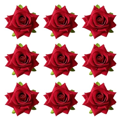 9 Stück Rote Rosen-Kuchenaufsätze, Hochzeitstortendekoration, Blumen, Cupcake-Topper, künstliche Blütenköpfe, Valentinstag, Kuchendekorationen für Brautparty, Geburtstag, Jahrestag von JIHUOO