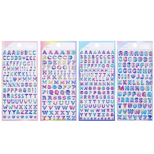 JIHUOO Bunte 3D-Buchstaben-Aufkleber, selbstklebende Folie, Alphabet-Aufkleber, Glitzer, Buchstaben, geschwollene Aufkleber für dekorative Scrapbooking, Kalender, 4 Bögen von JIHUOO
