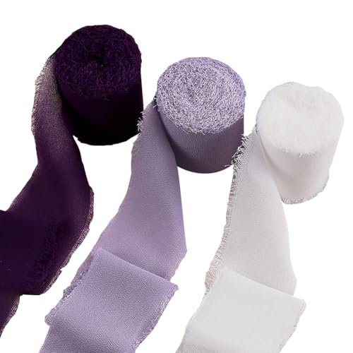 Chiffonband mit ausgefranstem Rand, Geschenkband, weich, elegant, Blumenstrauß, Lila, 3 Rollen, 4 cm Chiffonband mit ausgefranstem Rand, Geschenkband, weich, elegant, Blumenstrauß, Lila, 3 Rollen, 4 cm von JIHUOO