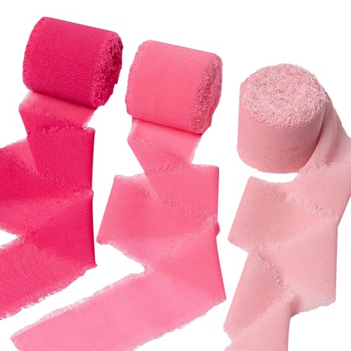 Chiffonband mit ausgefranstem Rand, Geschenkband, weich, elegant, Blumenstrauß, Rosa, 3 Rollen Chiffonband mit ausgefranstem Rand, Geschenkband, weich, elegant, Blumenstrauß, Rosa, 3 Rollen von JIHUOO