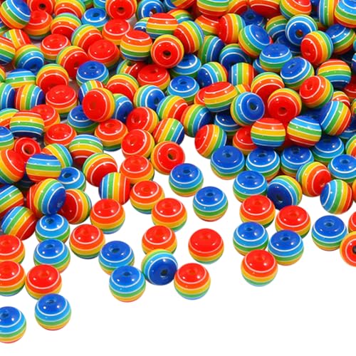 Etwa 400 Stück 8 mm Regenbogen-gestreifte Harzperlen, Gay-Pride-Perlen, runde Kunststoffperlen, Abstandshalter, bunte Acryl-Abstandshalter, Kaugummi-Charms, Schmuckherstellung, Kugel-Anhänger für von JIHUOO