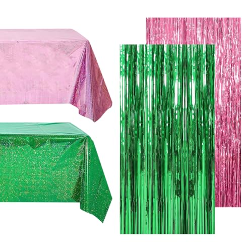 Grüne und rosa Lametta-Folien-Fransenvorhänge und holografische Tischdecke, Set mit 2 Stück 1 x 2,7 m glänzenden Tischdecken und 2 Stück 1 x 2 m schillernden Party-Luftschlangen, Hintergrund, böse Grüne und rosa Lametta-Folien-Fransenvorhänge und holografische Tischdecke, Set mit 2 Stück 1 x 2,7 m glänzenden Tischdecken und 2 Stück 1 x 2 m schillernden Party-Luftschlangen, Hintergrund, böse von JIHUOO