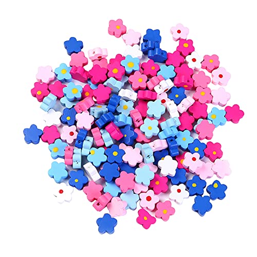 JIHUOO 100 Stück 15MM Blumenform Holzperlen Bunte Blumen Perlen Kinderperlen Holz Bastelperlen mit Loch für Schmuck Herstellung von JIHUOO