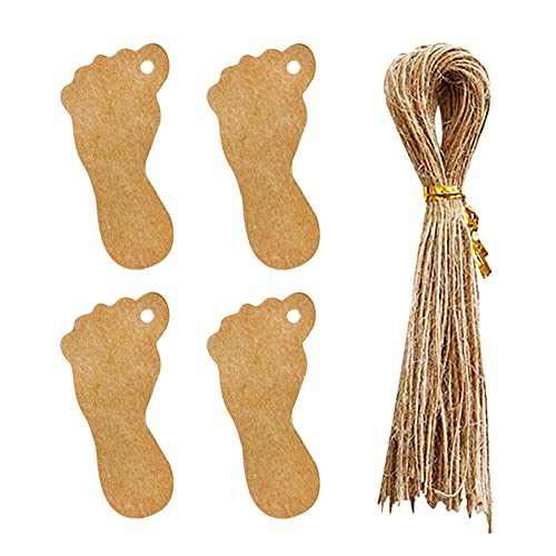 JIHUOO 100 Stück Anhängeschilder Geschenkanhänger Babyparty Etiketten Anhänger Kraftpapier Tags Hängeetiketten mit Jute Schnur Wunschkarten für Hochzeit Weihnachten Fußspuren von JIHUOO