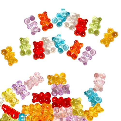 JIHUOO 100 Stück transparente Acryl-Bär-Perlen, bunte Gummibär-Perlen, niedlich, lose Perlen, dekorative Bastelperlen für Armbänder, Schlüsselanhänger, Querloch von JIHUOO