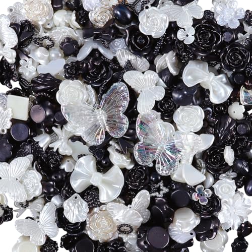 JIHUOO 100 g große 3D-Blumen-Charms, flache Rückseite, Kunstharz, Schleife, herzförmiger Charm, niedlicher Schmetterlings-Charm, Rosenblumen, Perlen, halbrunde Perlen, Scrapbooking, Verzierungen von JIHUOO