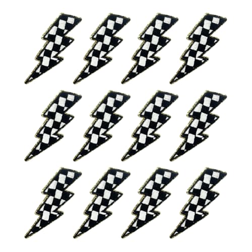 JIHUOO 12 Stück karierte Blitz-Flicken zum Aufbügeln aus Chenille, bestickte Flicken für Rennwagen, schwarz und weiß, Applikationen, dekorative Stoffflicken für Kleidung, Reparaturflicken mit goldenem von JIHUOO