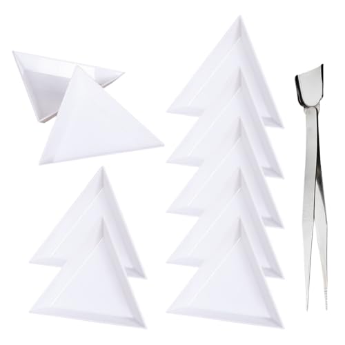 JIHUOO 15 Stück dreieckige Kunststoff-Perlen-Tablett, kleine Strass-Sortiertablett, Basteltablett, Diamantkunst-Tablett, Perlen, Strassstein-Organizer, Tablett, Nagelkunst-Platte mit Pinzette von JIHUOO