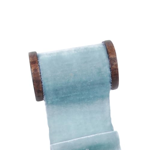JIHUOO 1M Ausgefranster Rand Samtband Handgefertigtes Fransenband Trim Vintage Geschenkpapier Band Rustikales Hochzeitseinladungsband Brautstrauß Bänder mit Holzspule Hellblau von JIHUOO