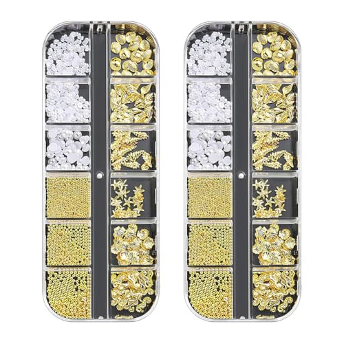JIHUOO 2 Boxen 3D Sommer Nagel Charms Nieten Muschel Seestern Nageldesign Charms Muschel Seepferdchen Nagel Charms Ozean Thema Nageldesigns mit Nail Art Kleine Goldperlen und Perlen Nagelzubehör von JIHUOO