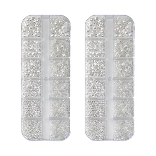 JIHUOO 2 Boxen weiße Mini-Perlen-Nagelkunst-Charms, 3D-Perlen, gemischte Größe, Fingernagelperlen, flache Rückseite, Acryl-Nagelperlen, flache Rückseite, Nageldesign, Edelsteine, luxuriöse von JIHUOO