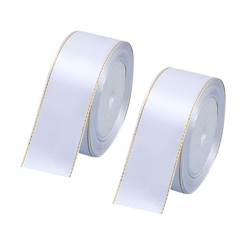 JIHUOO 2 Rollen 22 Meter x 4 cm Satin-Geschenkband mit Goldrand, Stoffband, Blumenstrauß, Wickelbänder, Schleifenherstellung, Bänder für Hochzeit, Geburtstag, Party, Dekoration, Weiß von JIHUOO