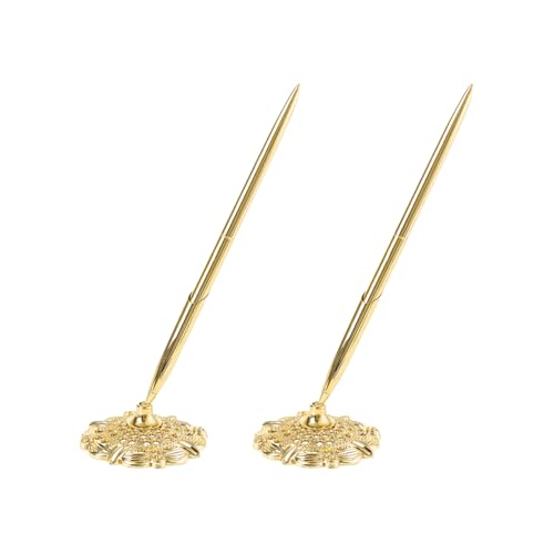 JIHUOO 2 Stück Hochzeitsstift und Metallständer, Signierschreibtisch, Kugelschreiber, Gästebuch, mit Ständer, Hochzeitsunterschrift, Stifte-Set für Braut, Lehrer, Hochzeit, Verlobung, goldfarben von JIHUOO