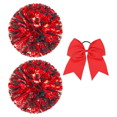 JIHUOO 2 Stück metallische Cheerleader-Pompons, Folien-Pompons, Cheerleader-Pompons, Tanz-Team-Poms mit großen Haarschleifen für Sport, Team, Geist, Cheering, Rot JIHUOO 2 Stück metallische Cheerleader-Pompons, Folien-Pompons, Cheerleader-Pompons, Tanz-Team-Poms mit großen Haarschleifen für Sport, Team, Geist, Cheering, Rot von JIHUOO