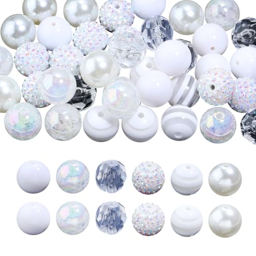 JIHUOO 24 Stück 20 mm große Kaugummi-Perlen, Harz, grobe Bastelperlen, Stiftperlen, runde Strassperlen facettierte Perlen, Schlüsselanhängerherstellung, bunte Abstandshalter, Schmuckherstellung, Weiß von JIHUOO