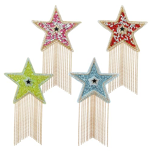 JIHUOO 4 Stück Strass-Stern-Quasten-Aufnäher zum Aufbügeln, glitzernde Applikationen, glänzende Kristall-Flicken, dekorative Bastelaufnäher für Kleidung, Verzierungen, Taschen, Hosen von JIHUOO
