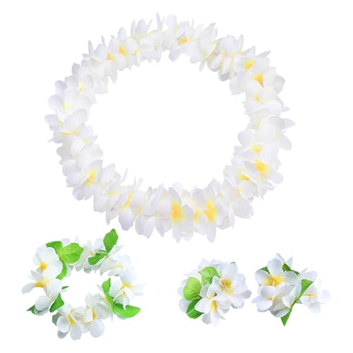 JIHUOO 4 Stück hawaiianische Leis Set Luau Party Halsketten Armband Stirnband Hawaii Thema Blume Halskette Hula Dance Zubehör Tropische Blume Leis Sommer Strand Party Dekorationen Weiß JIHUOO 4 Stück hawaiianische Leis Set Luau Party Halsketten Armband Stirnband Hawaii Thema Blume Halskette Hula Dance Zubehör Tropische Blume Leis Sommer Strand Party Dekorationen Weiß von JIHUOO