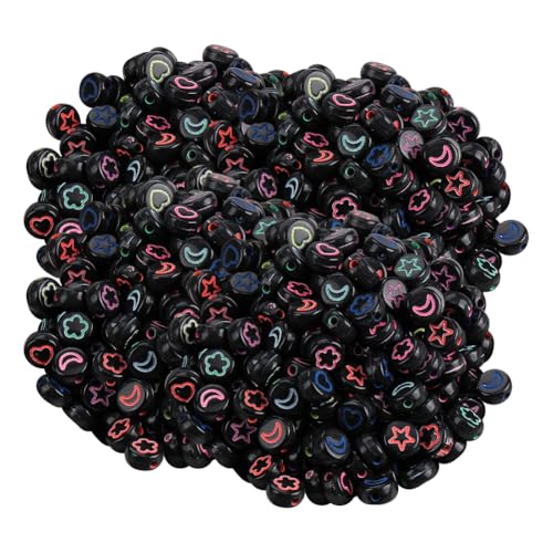 JIHUOO 400 Stück 4 x 7 mm runde Blumen Herz Muster Perlen Acryl Stern bedruckte Perlen bunte Mondperlen gemischte Kunststoffperlen Freundschaftsarmband Herstellung Perlen Regenbogen Spacer Perlen von JIHUOO