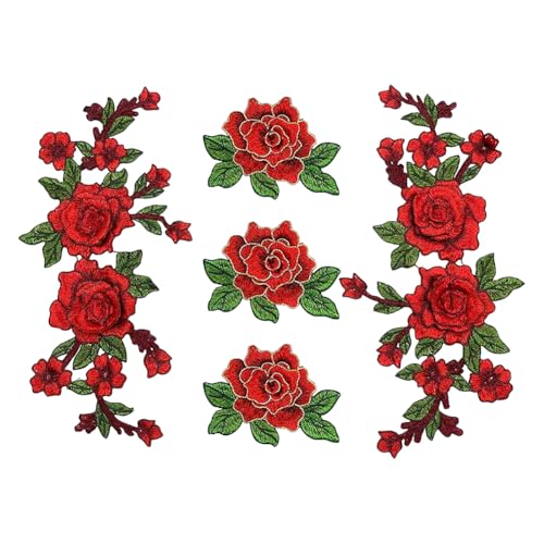 JIHUOO 5 Stück bestickte Rosen-Aufnäher, große rote Applikation, große Rose, zum Aufbügeln, 3D-Rose, zum Aufnähen, Stoffrosen, Kragenapplikation, lange Blumenstickerei-Applikationen von JIHUOO