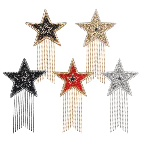 JIHUOO 5 x Strass-Stern-Quasten-Flicken zum Aufbügeln, glitzernde Stoff-Reparaturapplikationen, glitzernde Aufnäher zum Aufnähen, für Jean, Hut, Dekoration, funkelnde dekorative Flicken von JIHUOO