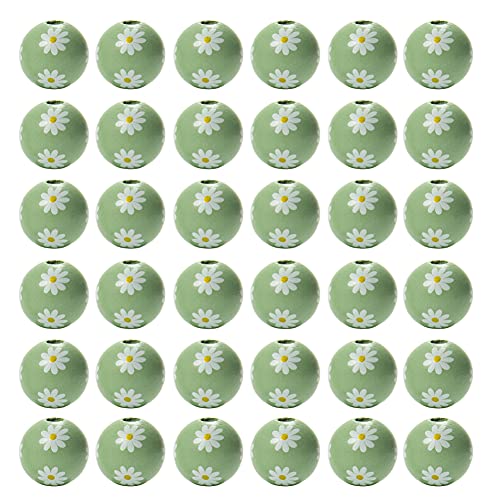 JIHUOO 50 Stück Gänseblümchen Motiv Holzperlen Bunte Runde Holzperle Perlen Bastelnperlen Holz Zwischenperlen für Schmuck Girlande Grün von JIHUOO