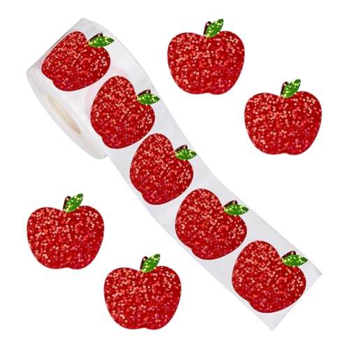 JIHUOO 500 Stück 2,5 cm rote Apfel-Aufkleber, holografische Glitzer-Aufkleber, selbstklebende Obst-Aufkleber, Belohnungsaufkleber, Verhaltenstabelle, Aufkleber, Umschlagsiegel, Aufkleber, Schulanfang von JIHUOO