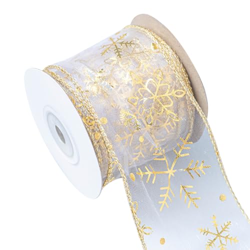 JIHUOO 6,3 cm breites Weihnachtsband mit Glitzer-Schneeflocke – durchscheinendes Organza für Geschenkverpackungen, Weihnachtskranz, Stoffhandwerk, Weihnachtsbaumgirlande – goldfarben von JIHUOO
