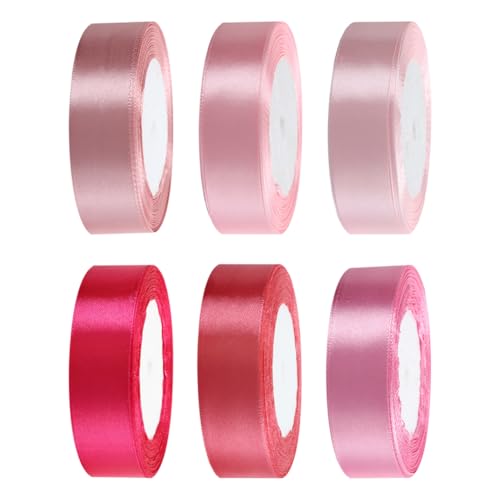 JIHUOO 6 Rollen 2,5 cm x 22 m buntes Satinband Geschenkverpackung Verpackungsband Stoff Dekorationsband Blumenbouquet Band Hochzeit Dekoband Handwerk Schleife machen Band Rosa von JIHUOO