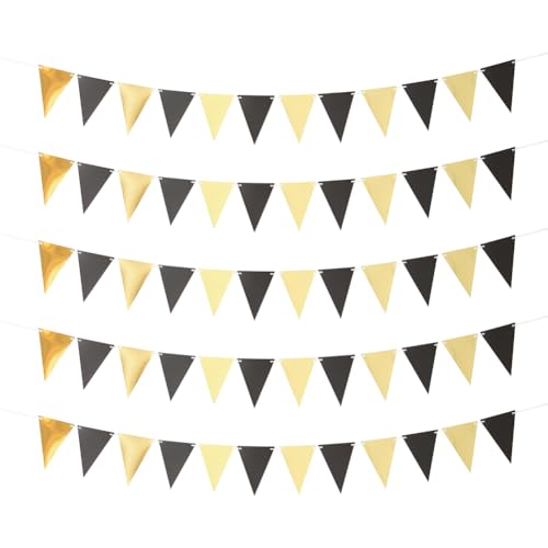 JIHUOO Girlande und Banner, Schwarz und Gold, Dreieckig, Papier, 2 Stränge, 16 x 20 cm (B x L), 40 cm Länge, Hochzeit, Junggesellinnenabschied, Feiern, Festivals von JIHUOO