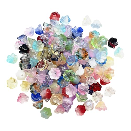 JIHUOO Glasperlen in Glockenblumen-Form, kleine Trompeten-Perlen, Farbverlauf, ästhetische Armbandperlen, niedlicher Schlüsselanhänger, Schmuckherstellung, Ohrringperlen, mehrfarbig, 100 Stück von JIHUOO