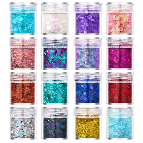 JIHUOO Glitzer, für Haare und Körper, glitzernd, holografische Nagel-Pailletten, Nagelkunst, Glitzerpuder, Make-up, Glitzer, Gel, Glitzer, Kosmetik-Glitzer für Damen und Mädchen, 16 Farben JIHUOO Glitzer, für Haare und Körper, glitzernd, holografische Nagel-Pailletten, Nagelkunst, Glitzerpuder, Make-up, Glitzer, Gel, Glitzer, Kosmetik-Glitzer für Damen und Mädchen, 16 Farben von JIHUOO
