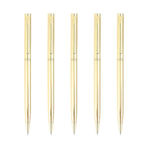 JIHUOO Goldene Metall-Kugelschreiber, schlanke Kugelschreiber, einziehbare mittlere Spitze, metallische schwarze Tinte, feine Spitze, glattes Schreiben, Bürobedarf, 5 Stück JIHUOO Goldene Metall-Kugelschreiber, schlanke Kugelschreiber, einziehbare mittlere Spitze, metallische schwarze Tinte, feine Spitze, glattes Schreiben, Bürobedarf, 5 Stück von JIHUOO